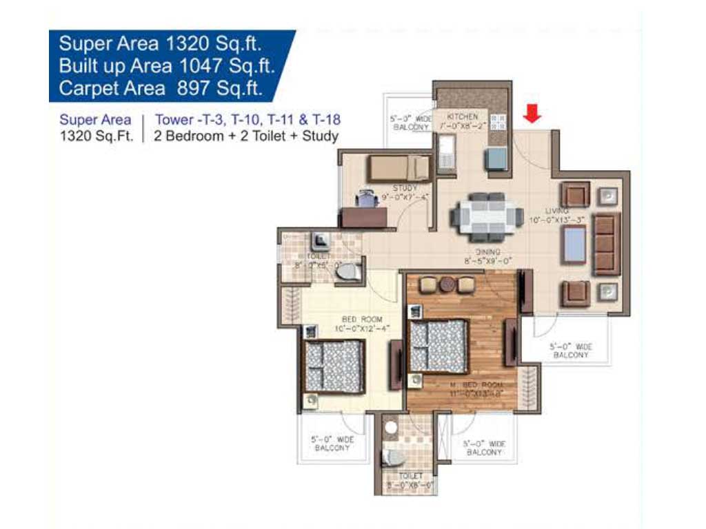 2 BHK + Study - 1320 Sq.Ft.