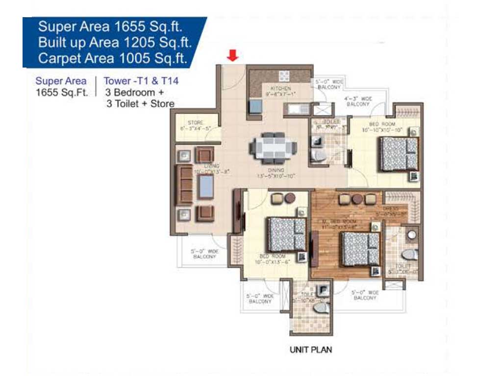 3 BHK - 1655 Sq.Ft.