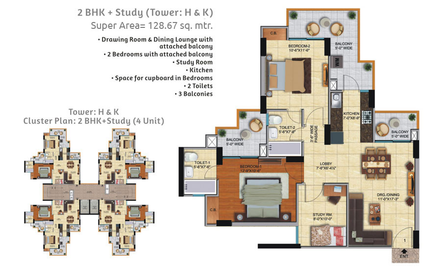 2 BHK + Study - 1385 Sq.Ft.