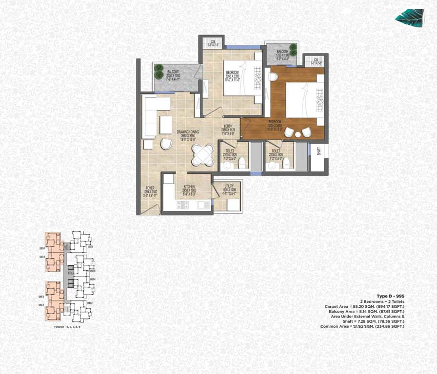 2BHK + 2T - 995 Sq.Ft.