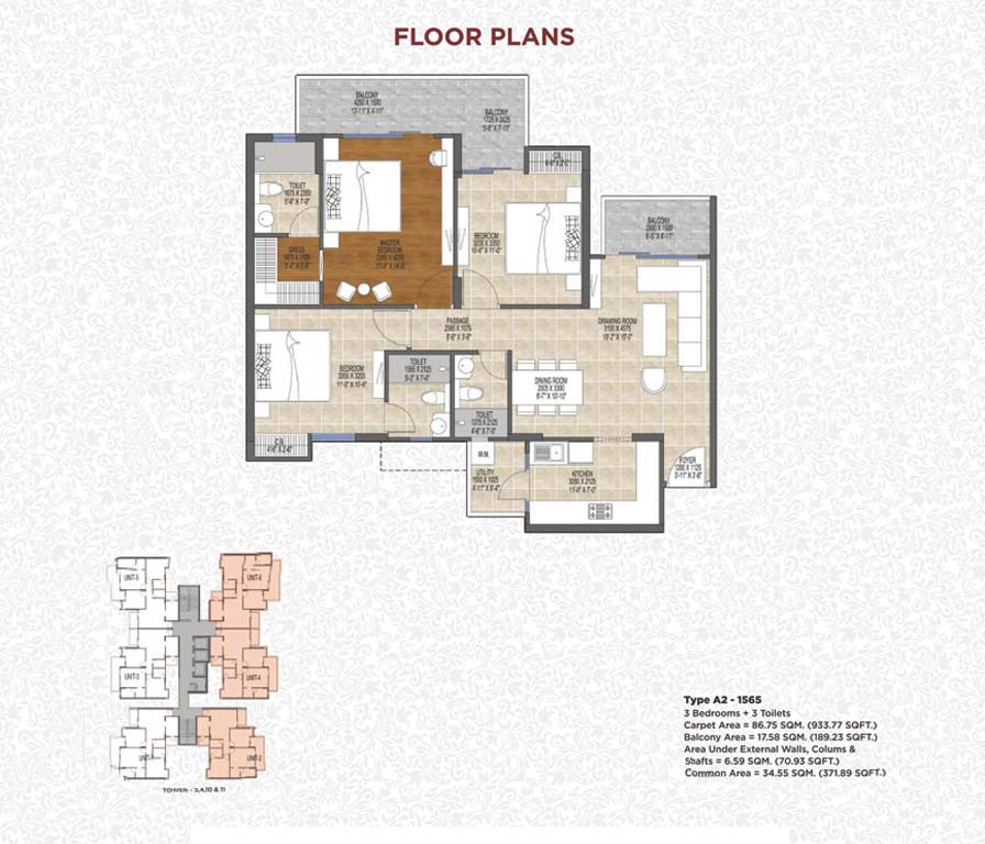 3BHK + 3T - 1565 Sq.Ft.