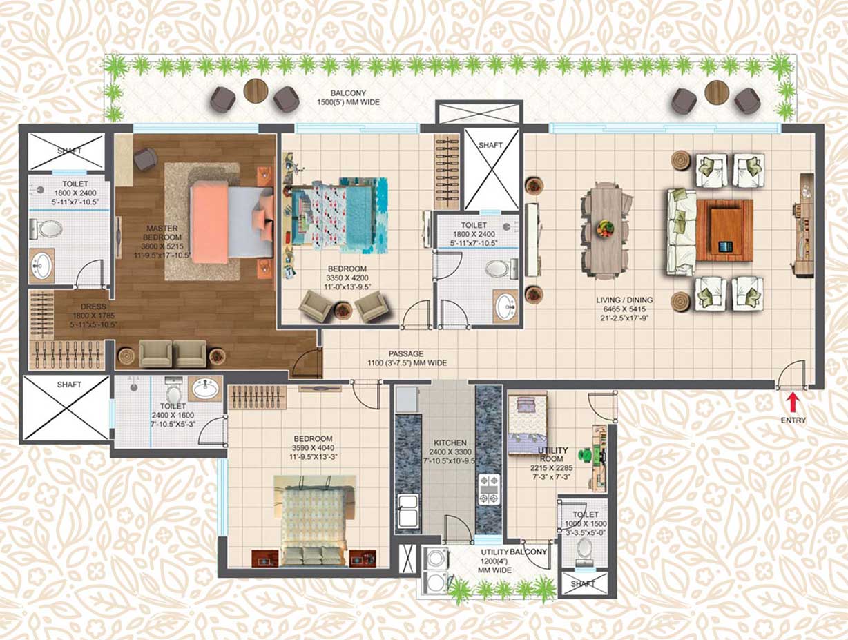 3 BHK + Utility - 2190 Sq.Ft.