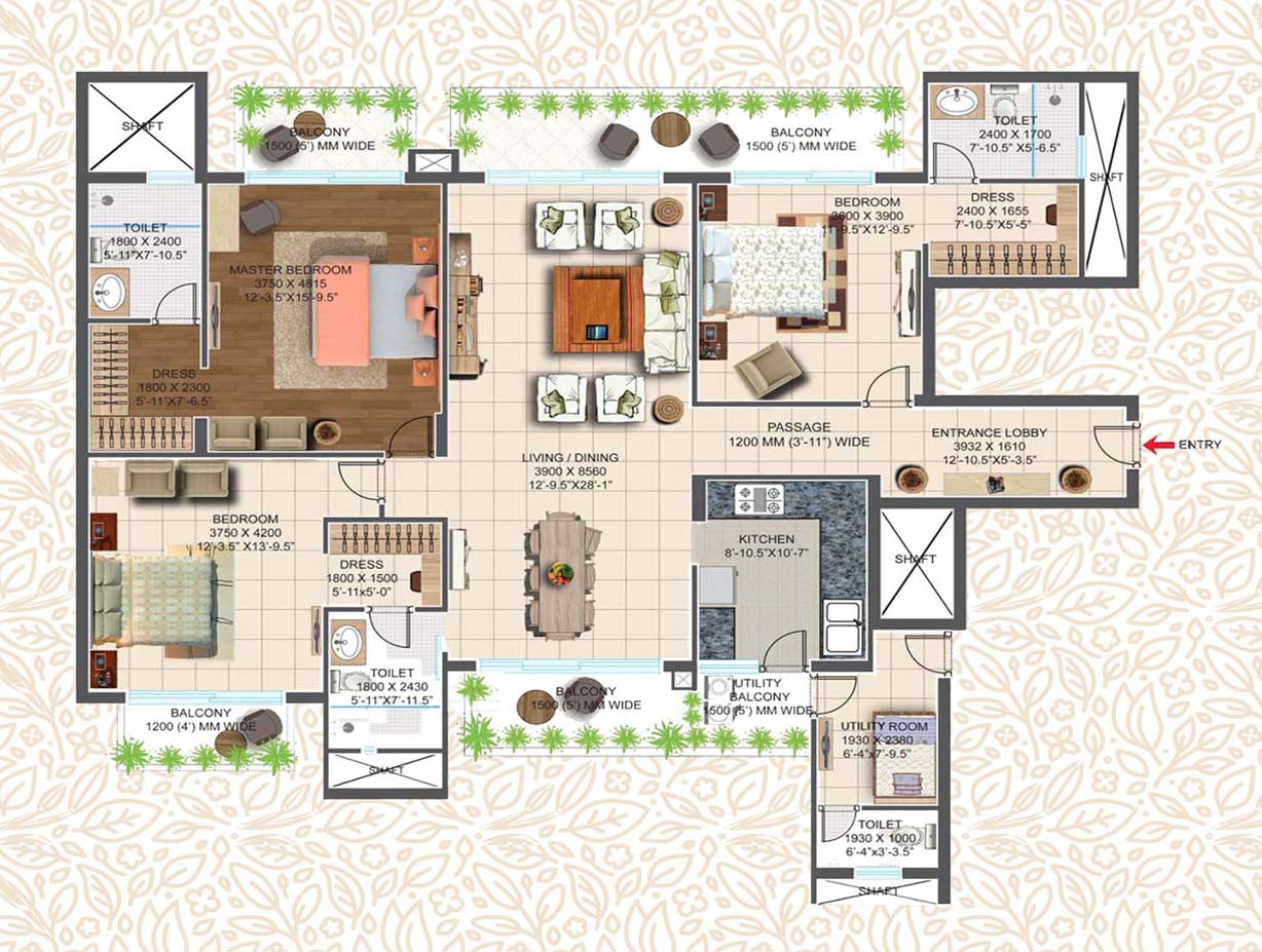 3 BHK + Utility - 2460 Sq.Ft.