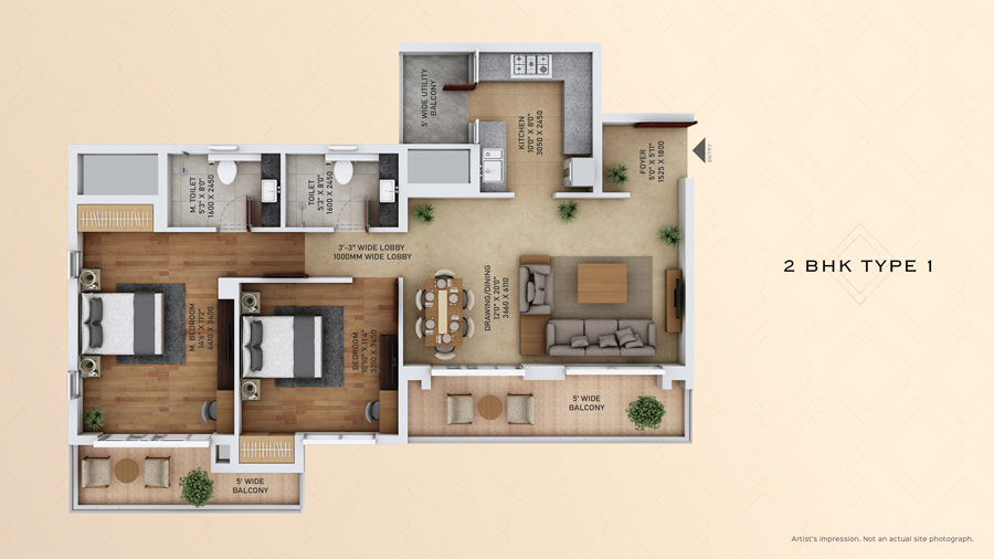 2 BHK (Type - 1) - 1350 Sq.Ft.