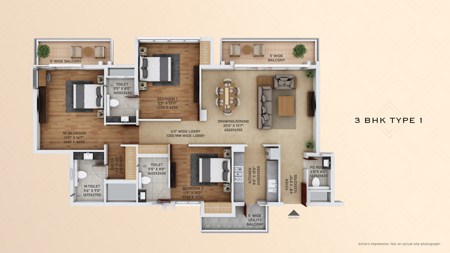 3 BHK (Type - 1) - 1350 Sq.Ft.