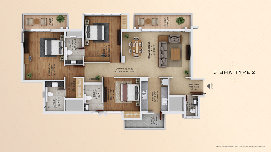 3 BHK (Type - 2) - 1350 Sq.Ft.